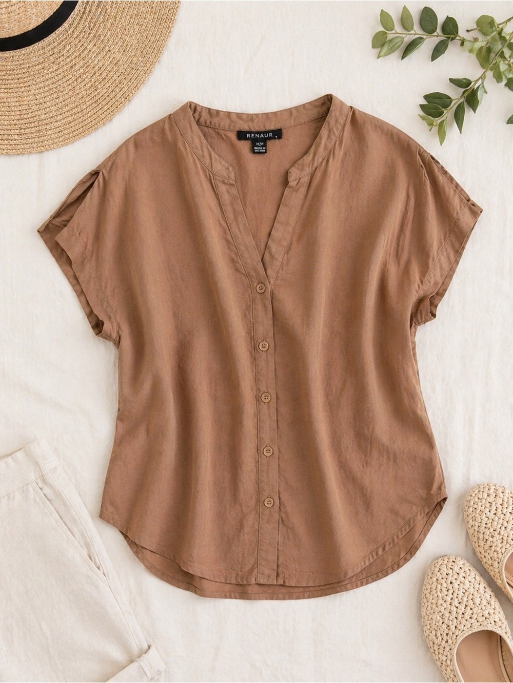 Renaur linen blend Button Front Blouse Tan NWT